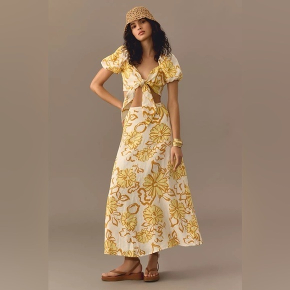 NWT Anthropologie Faithfull Joyas Yellow Floral Linen  Maxi Skirt 10 - Picture 1 of 7